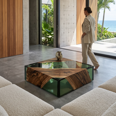 Green Monoblock Walnut Wood River Square Coffee Table