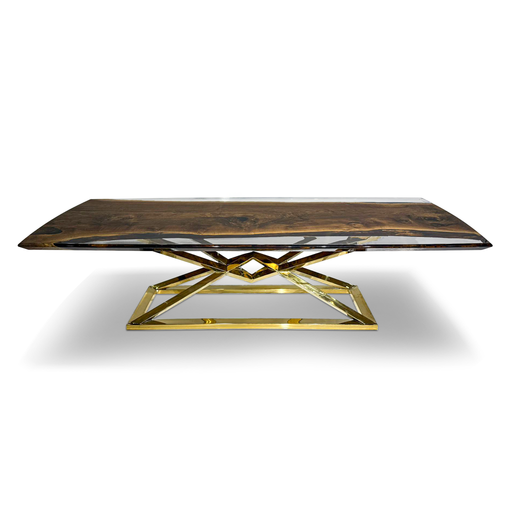 Abruzzo Walnut Dining Table with live-edge wood, clear resin river, and gold metal base