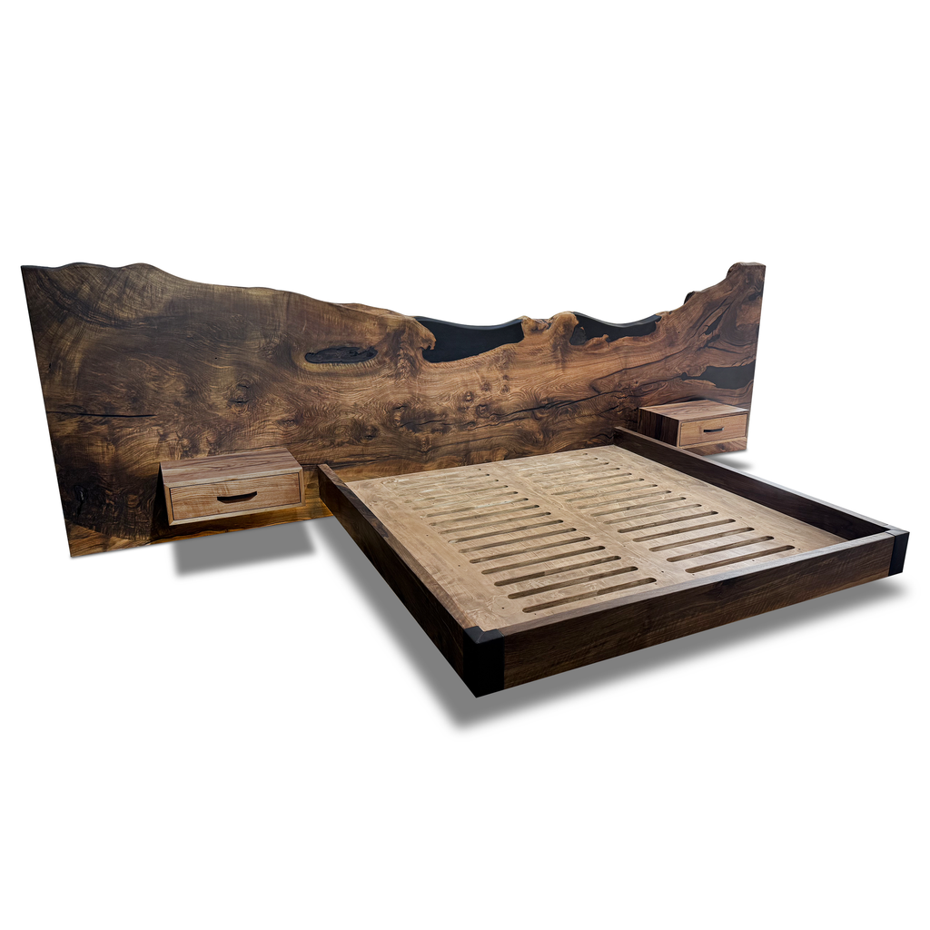 Olympus King Size Walnut Bed with live-edge wood frame and integrated floating nightstands