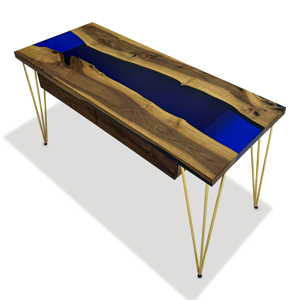 Navy Blue Brontes Walnut Wood River Desk - ARDITI COLLECTION®