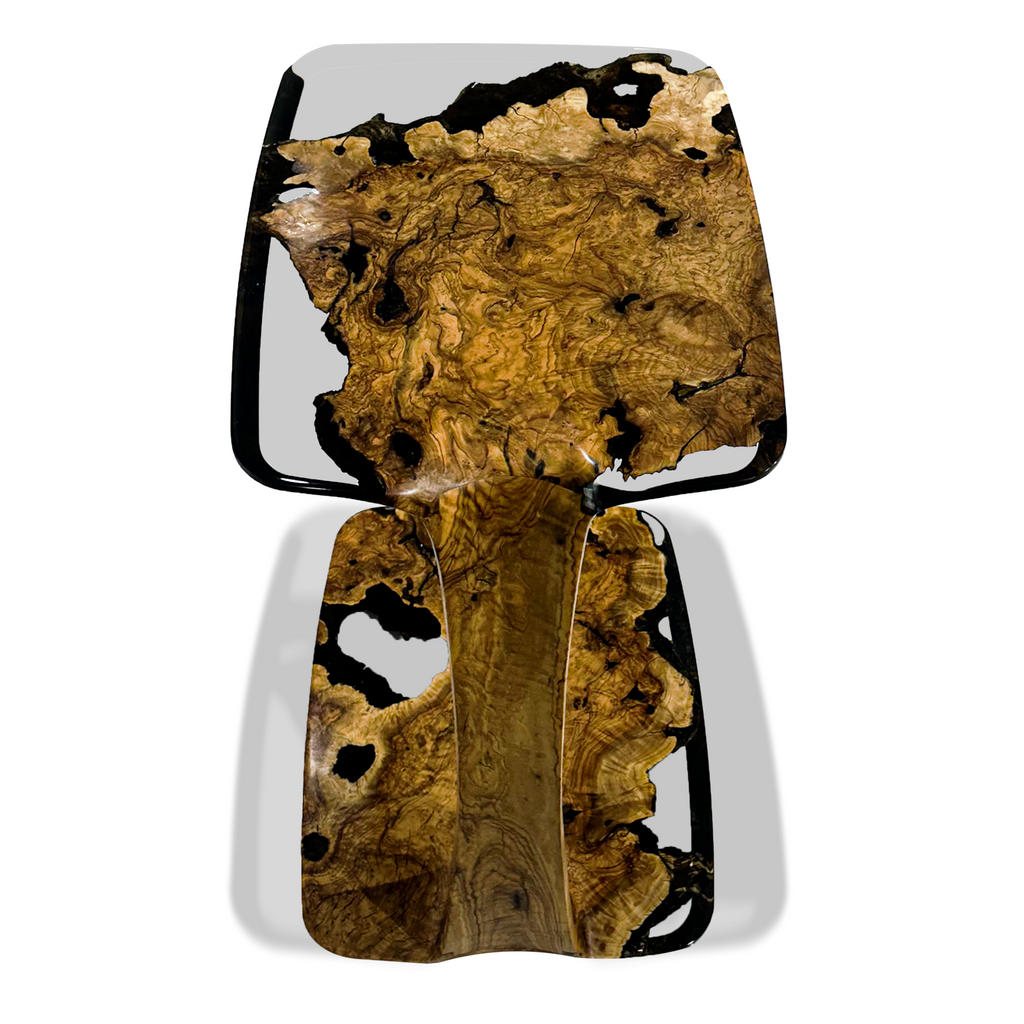 Modern wooden Burled resin-filled Serrate Side Table with sculptural base