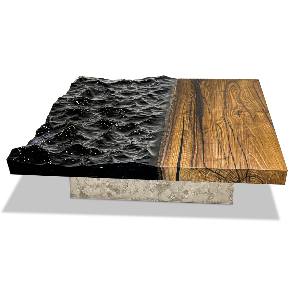 Eurybia Square Walnut Coffee Table with dark resin ocean and natural walnut wood slab
