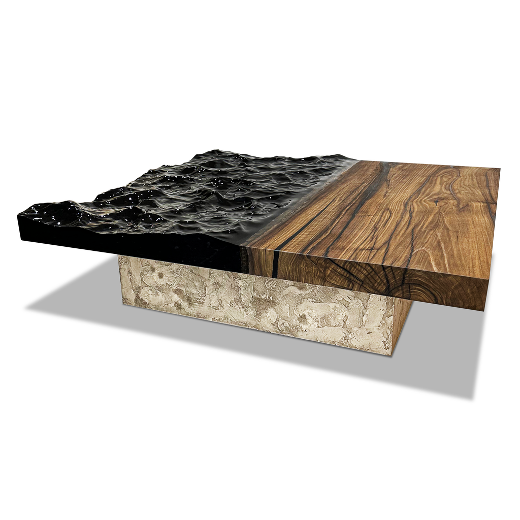 Eurybia Square Walnut Coffee Table with dark resin water and natural walnut wood land