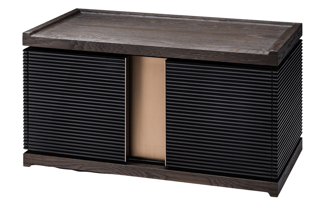 Isabella Nightstand wooden cabinet with black sliding doors and bronze interior panel