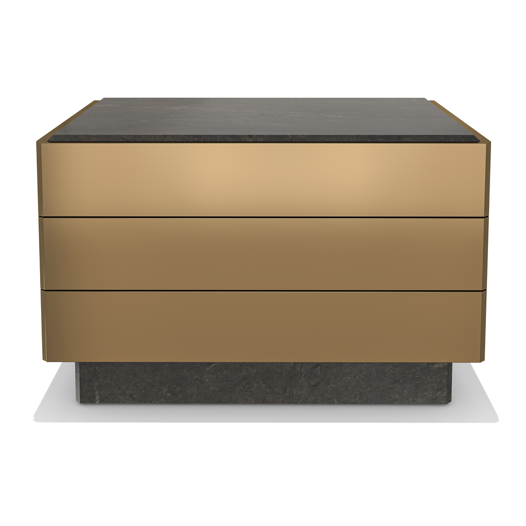 Charites Metal Resin Nightstands with dark top and bronze-colored drawers