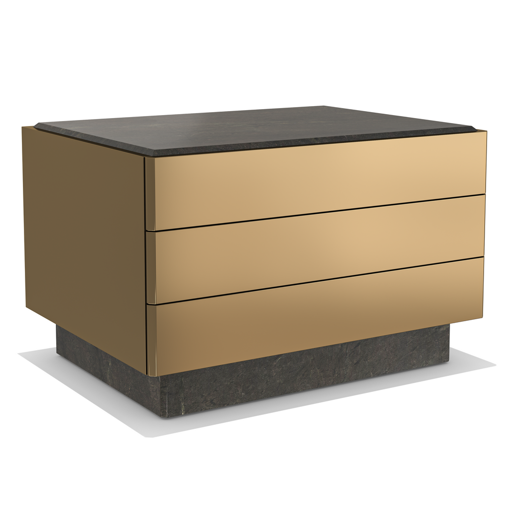 Gold-toned Charites Metal Resin Nightstands with dark top and three drawers