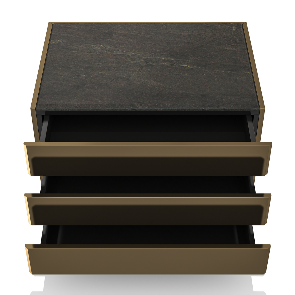 Charites Metal Resin Nightstands with three drawers and dark stone top for stylish storage