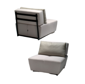 Two views of the modern light-colored Lucca Chair with armless design and black metal frame