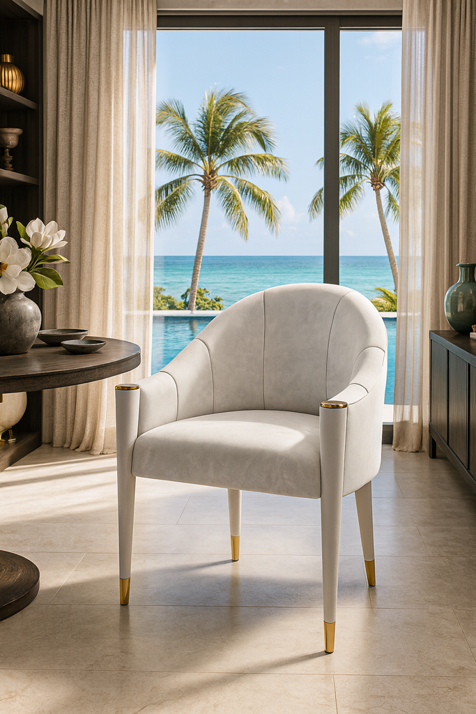 Theia Dining Chair with white upholstery and gold accents showcasing elegant upholstery material