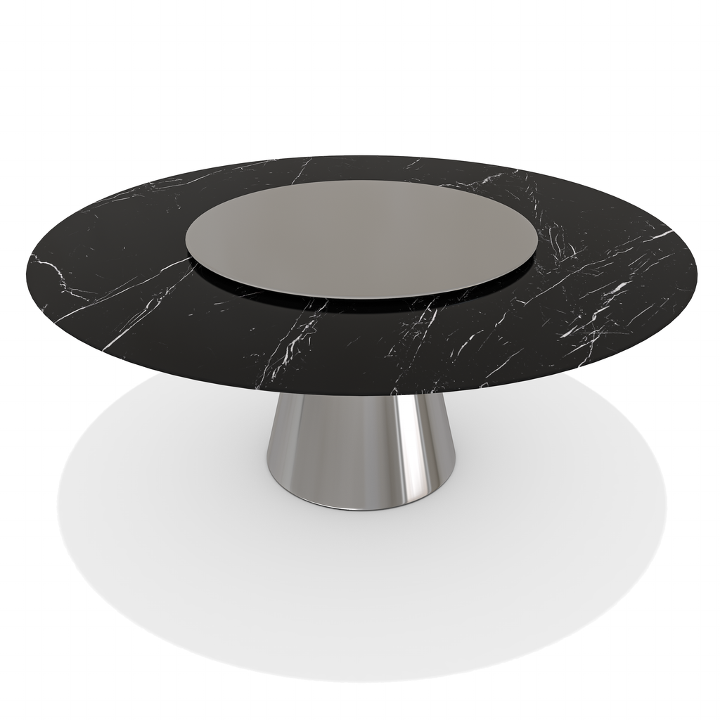 Chrome Lunara Metal Resin Round Dining Table with black marble top and silver lazy Susan