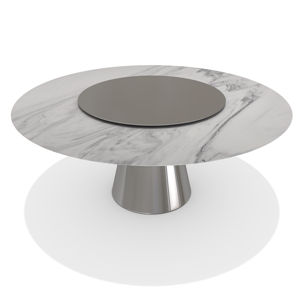 Chrome Lunara Metal Resin Round Dining Table with rotating Lazy Susan and metal pedestal