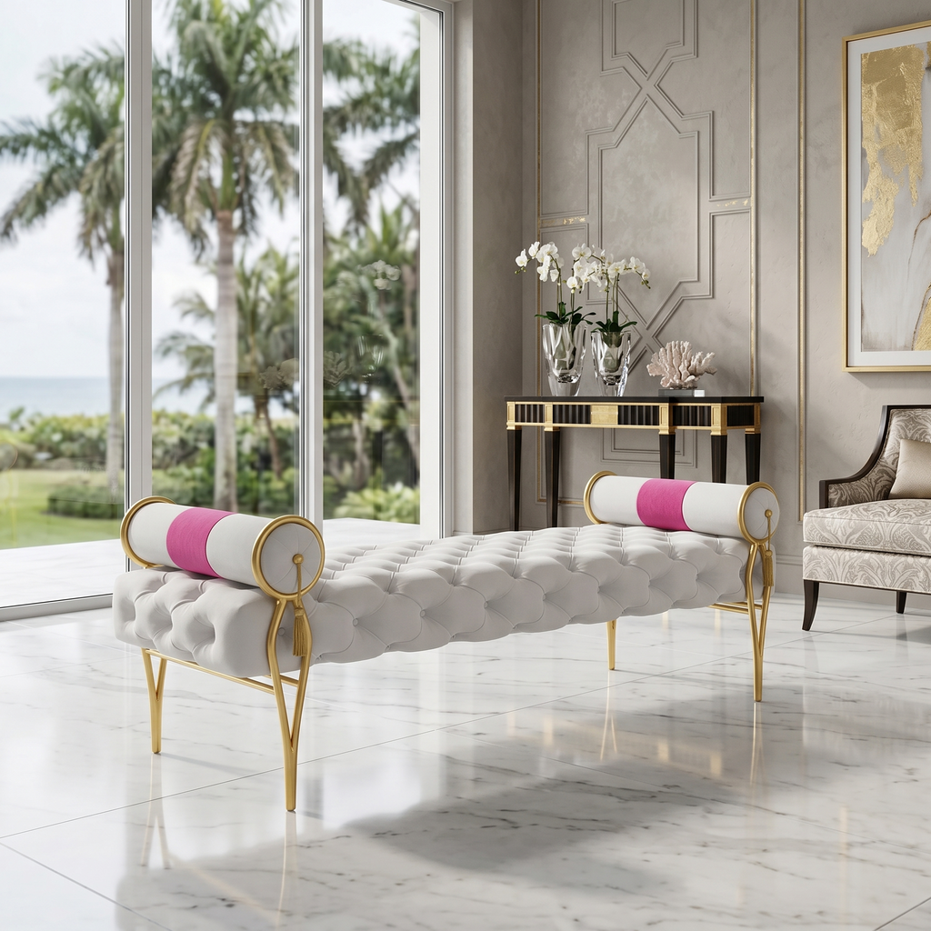 Merced Bench White Velvet Tufted with Gold Legs – ARDITI COLLECTION
