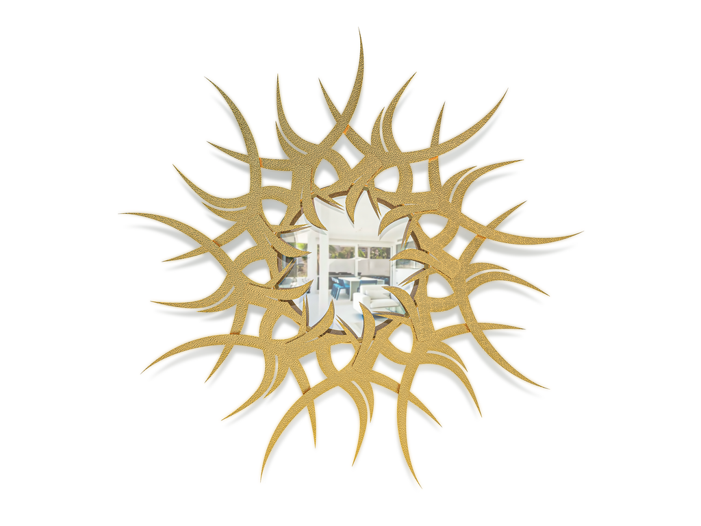 Gold sunburst Del Sole Mirror with tribal-inspired textured frame for stylish wall decor