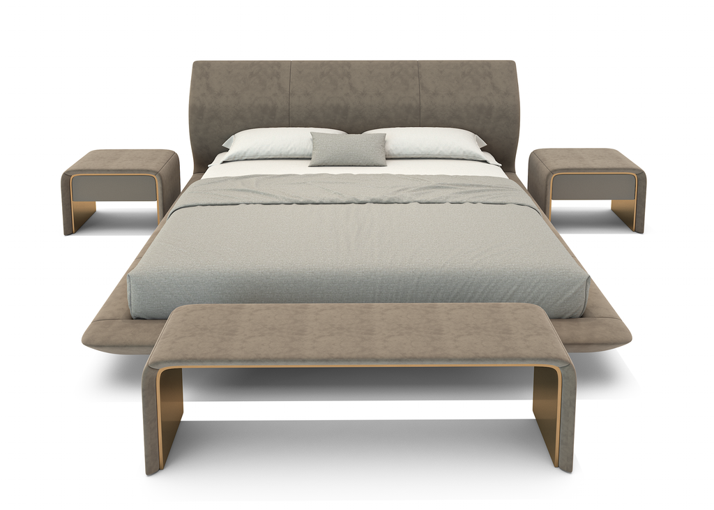 Modern upholstered Oneiros Bed with curved headboard, matching nightstands, and foot bench