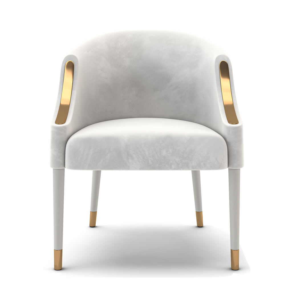 Hestia Dining Chair with white velvet upholstery and gold accents on armrests and feet