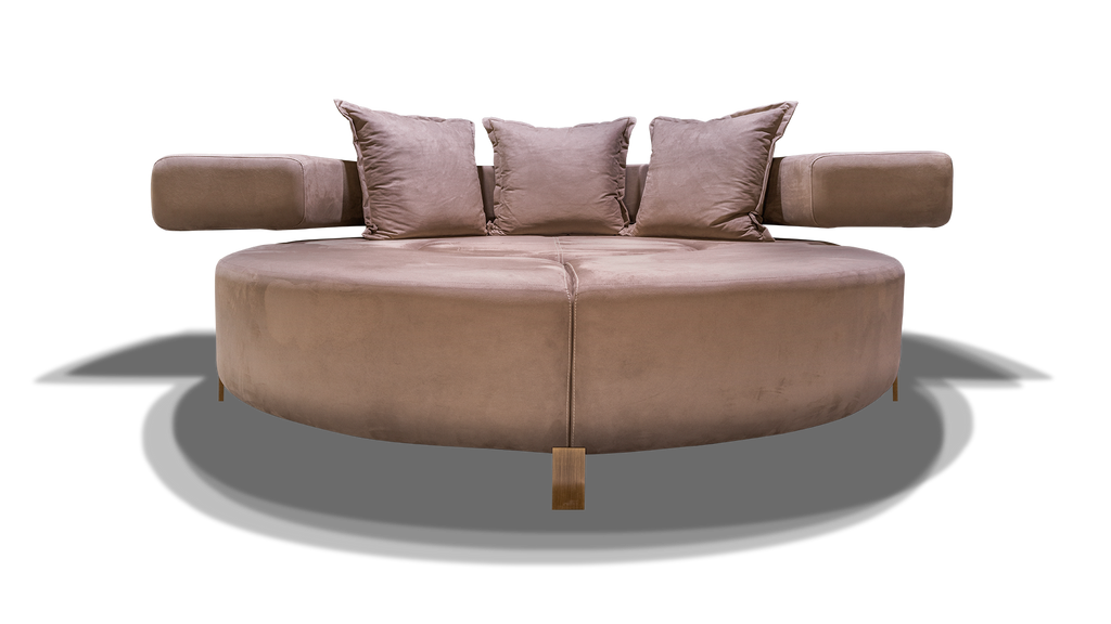 Beige Nice Round Sofa with modular design, three back cushions, and two side ottomans