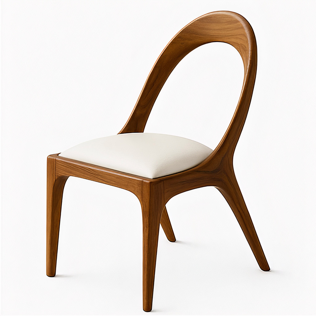 Nyks Dining Chair with modern wooden design, curved backrest, and white upholstered seat