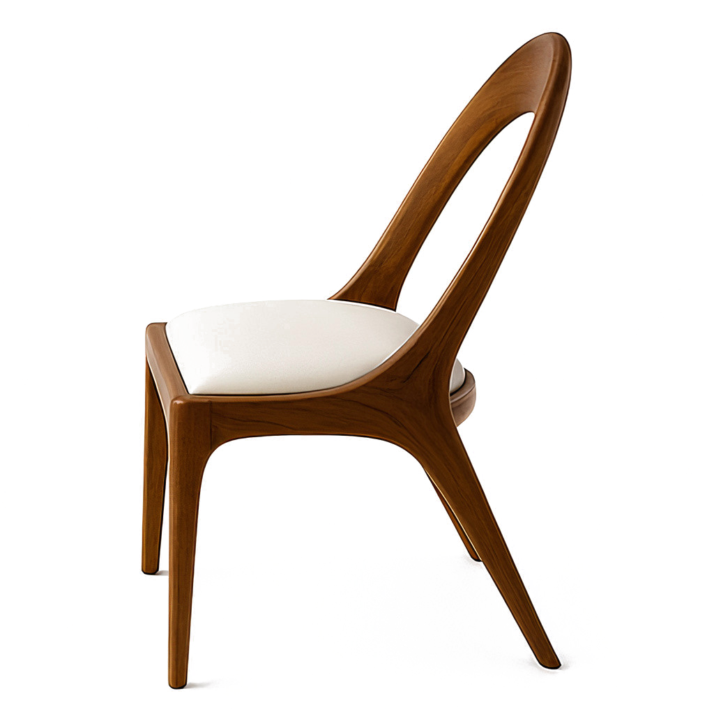 Modern wooden Nyks Dining Chair with curved back and white upholstered seat