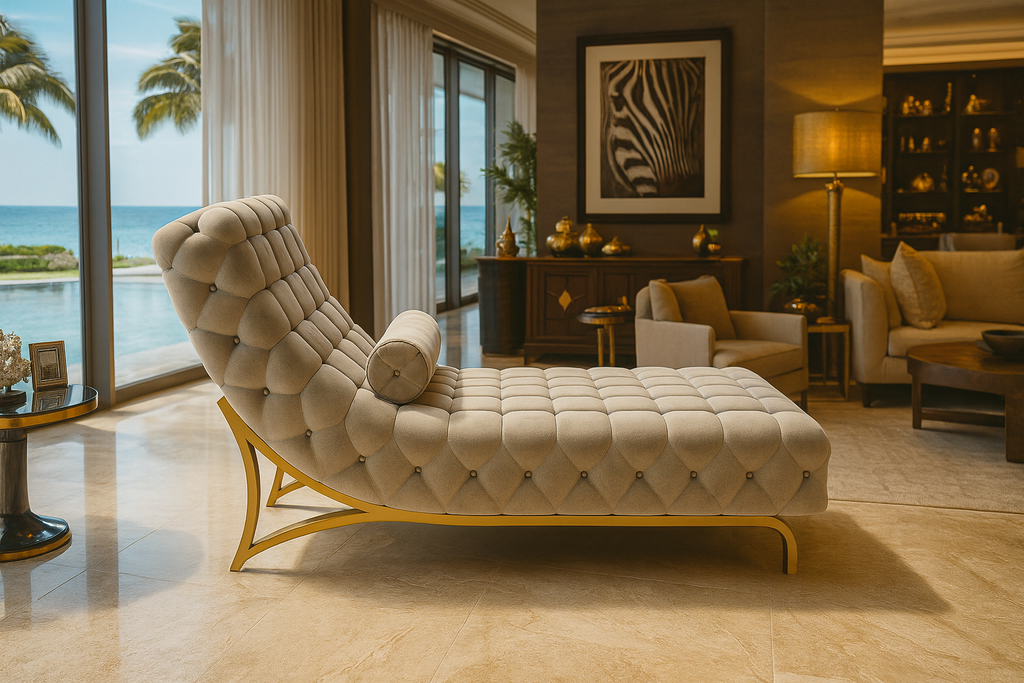 Adonia Chaise Longue with tufted upholstery, gold frame, and bolster pillow