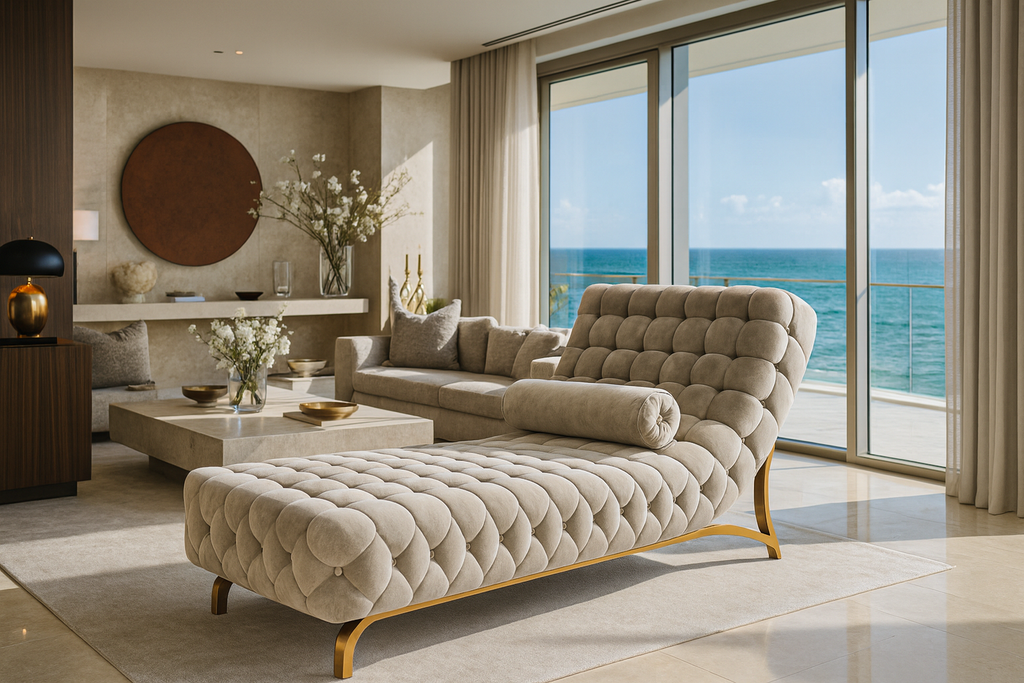 Adonia Chaise Longue with tufted beige velvet upholstery and gold legs