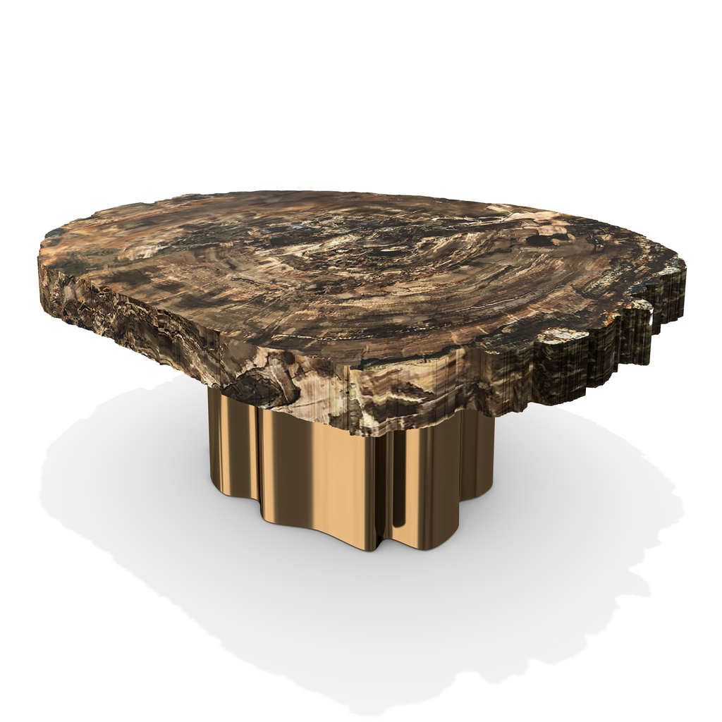 Echidna Petrified Wood Coffee Table with polished petrified wood top and bronze base