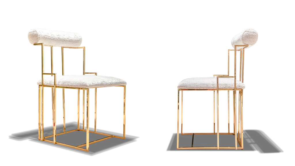 REIMS CHAIR modern gold-framed chairs with white fluffy cushions for stylish seating