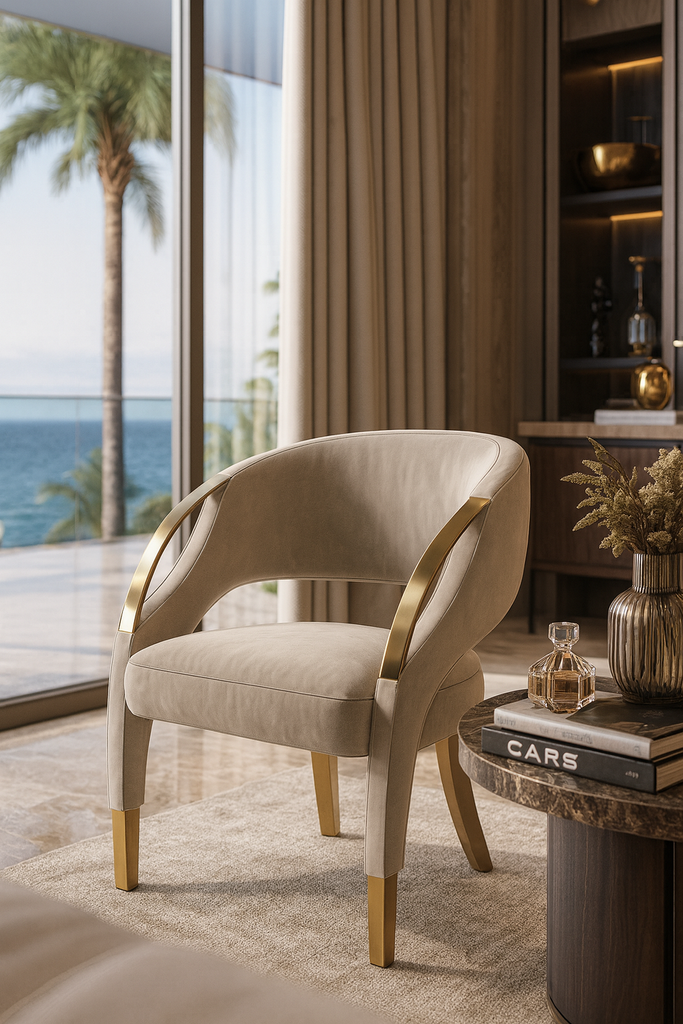Beige Metis Dining Chair with velvet upholstery and gold accents for elegant dining rooms