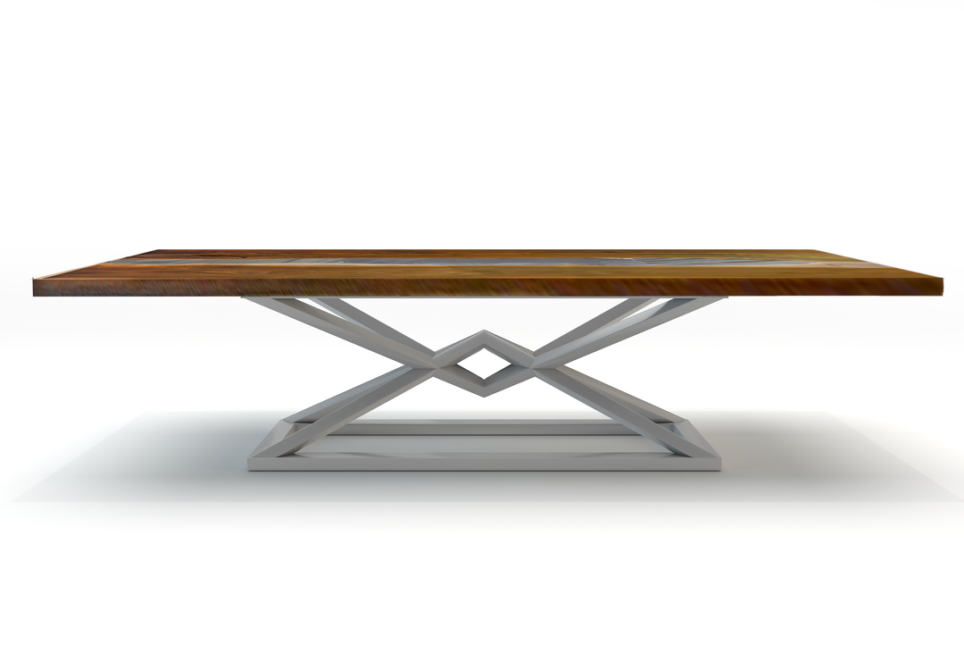 Abruzzo Walnut Dining Table with glossy crisscross metal base and wooden surface