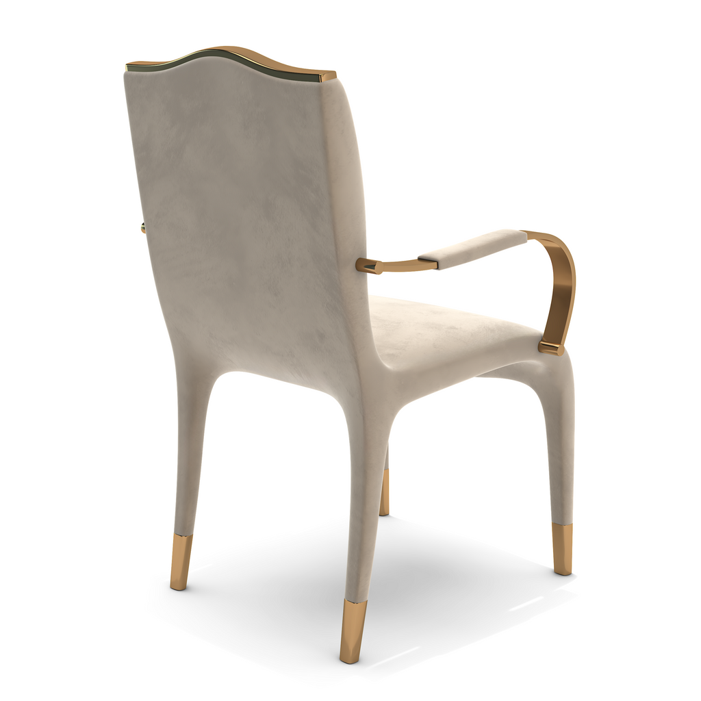 Elyas Dining Chair with off-white upholstery and brass accents on armrests and legs