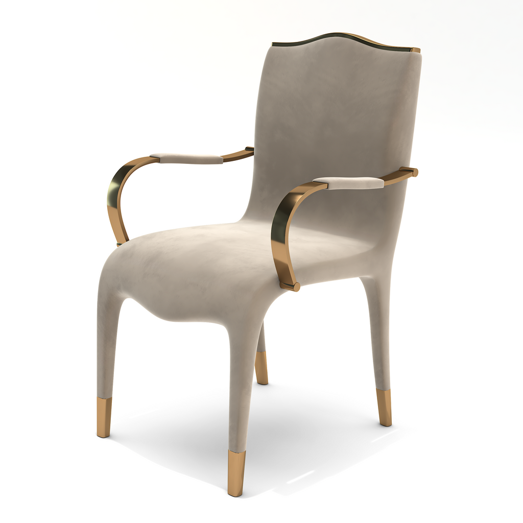 Elyas Dining Chair with modern off-white upholstery and gold metal armrests and legs
