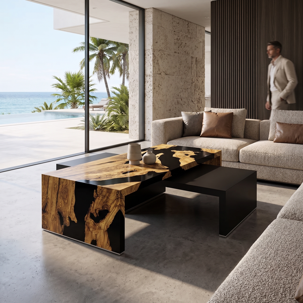 Rhesos Olive Wood Waterfall Coffee Table Set