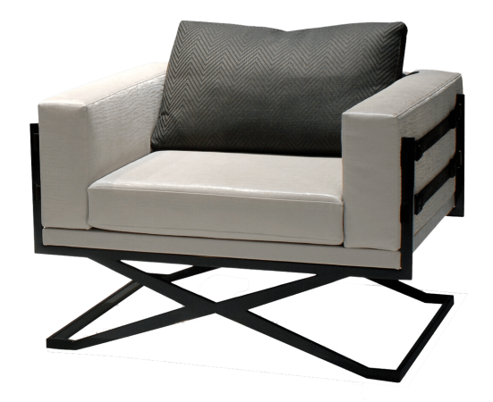 Rome Chair modern light-colored armchair with dark metal frame and gray throw pillow