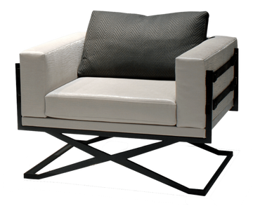 Rome Chair modern light-colored armchair with dark metal frame and gray throw pillow