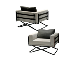 Rome Chair modern white armchairs with black metal frames and dark gray cushions