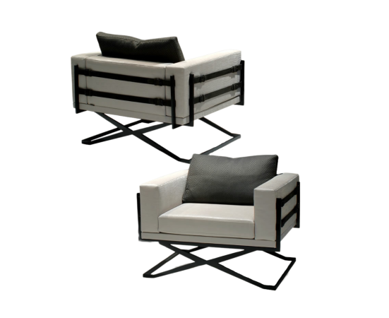 Rome Chair featuring two modern beige armchairs with black metal frames for stylish seating