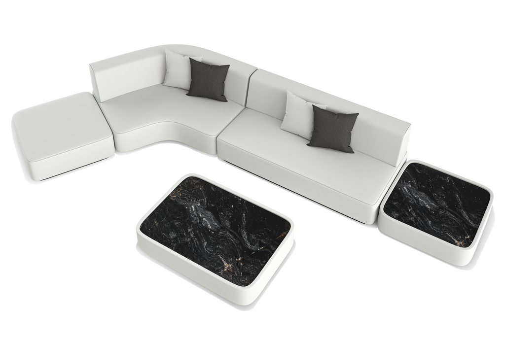 White Orpheus Sectional Outdoor Set with black marble-top side tables and dark pillows