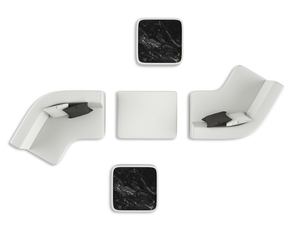 Modular white sofa with black marble-topped side tables from Arditi Collection® Orpheus Sectional Outdoor Set