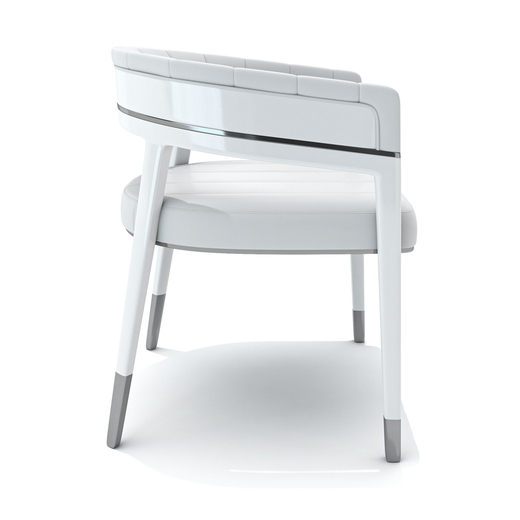 White Callista Dining Chair with modern white finish and polished metal trim