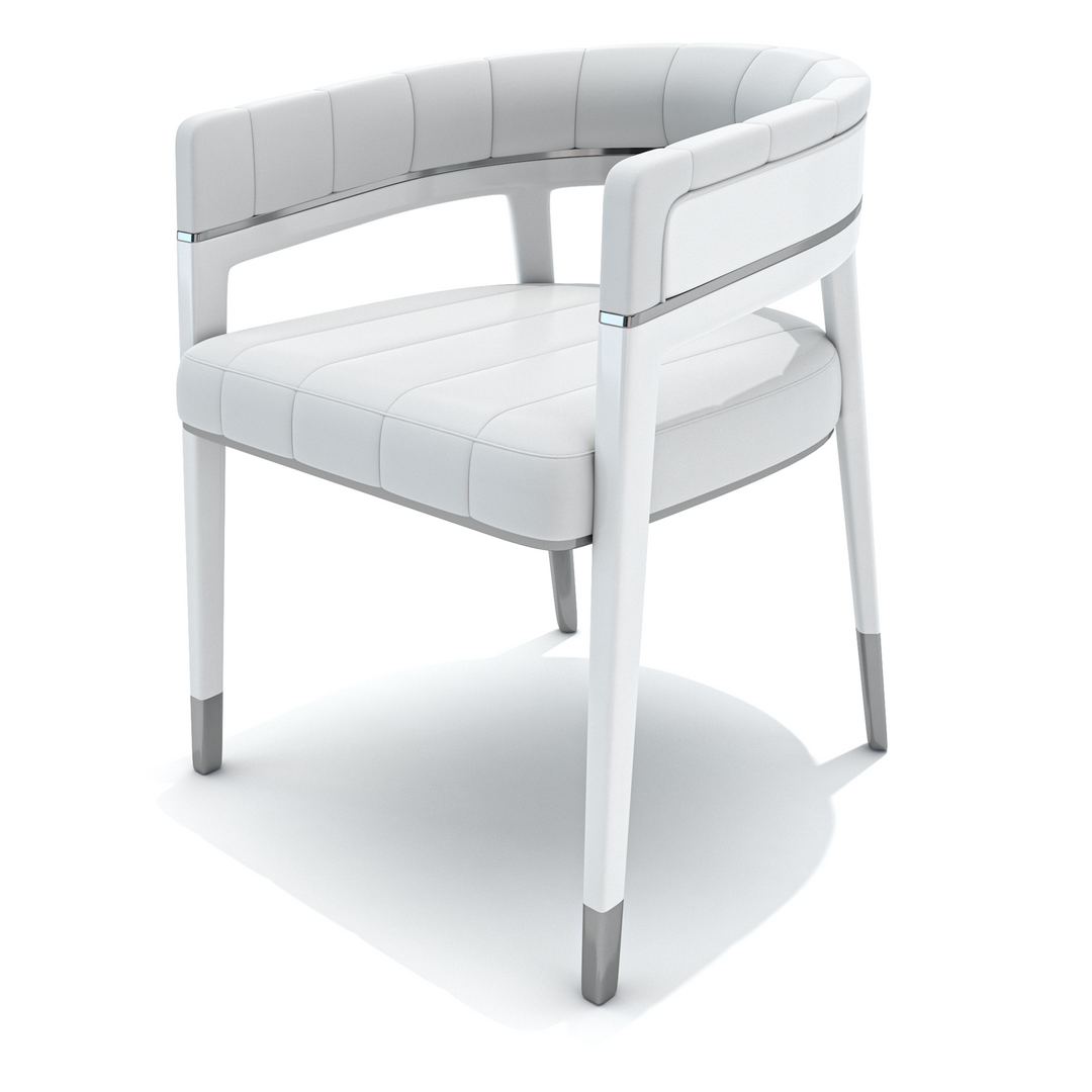 White Callista dining chair with white leather upholstery and polished chrome accents
