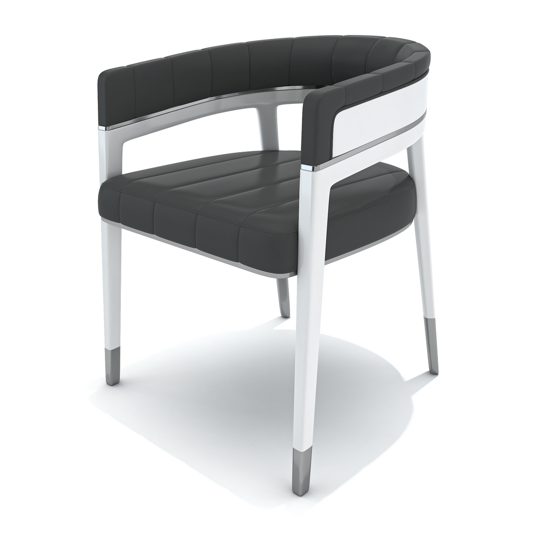 Black Callista Dining Chair with dark gray upholstered seat, white wood frame, and metallic leg caps