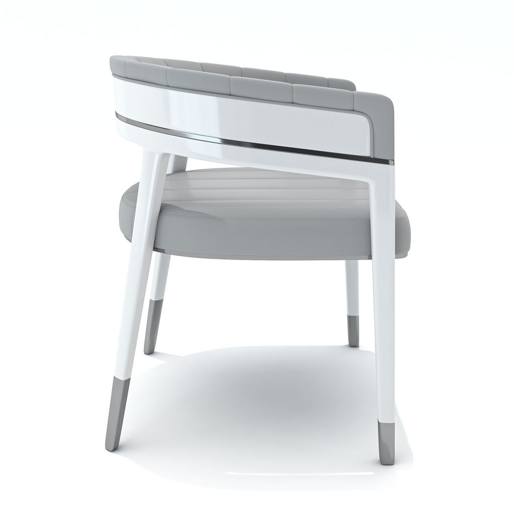 Gray Callista Dining Chair with grey upholstered seat and backrest, white frame and silver legs