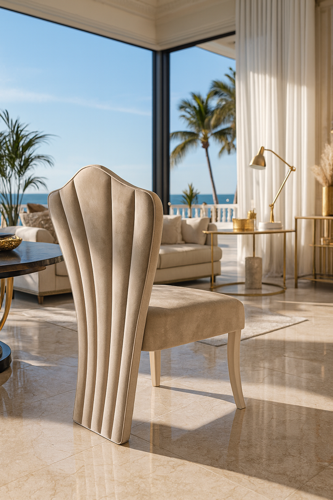 Beige velvet upholstered Themis Armless Dining Chair with shell-like backrest