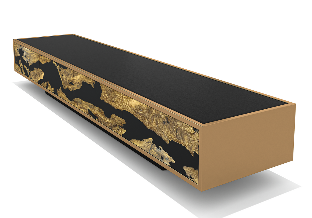 Auren TV Unit lacquered wood console table with black and gold finish and natural wood grain