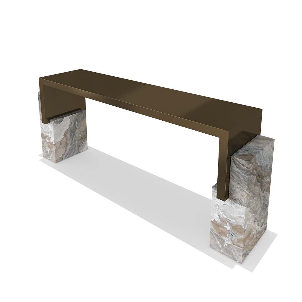 Modern Calypso Metal Resin Console with dark brown metallic top and grey marble legs