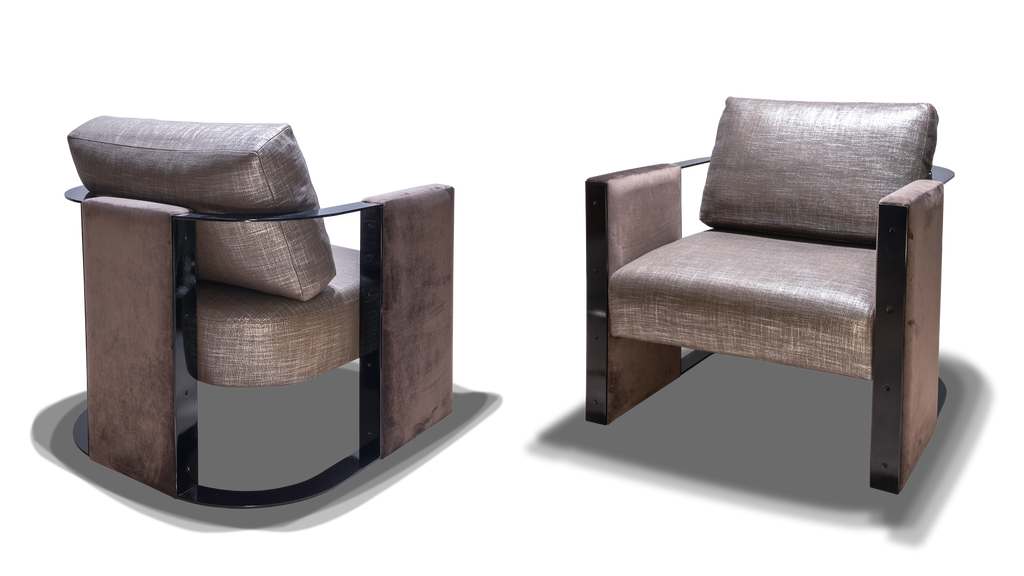 Venice Chair with two modern armchairs featuring grey textured upholstery and dark wooden frames