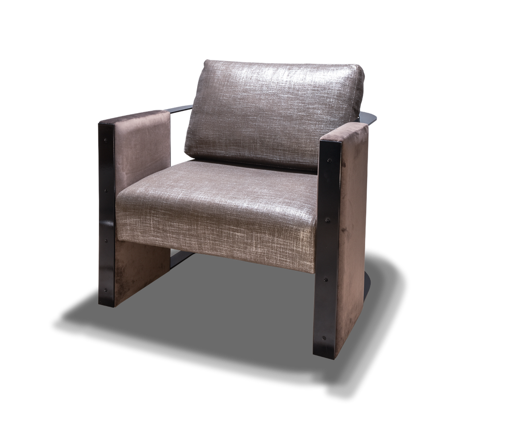 Venice Chair modern armchair with textured metallic gray upholstery and dark armrests