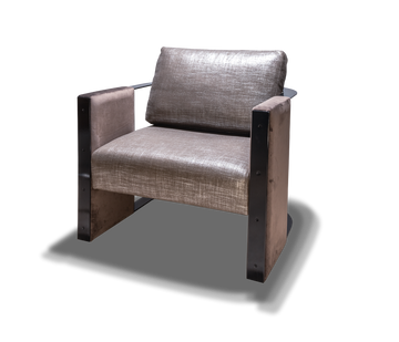 Venice Chair modern armchair with textured metallic gray upholstery and dark armrests