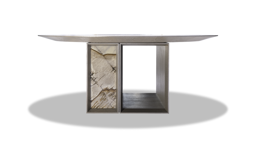 Vienna Round Table modern console with stone slab and open metal frame design