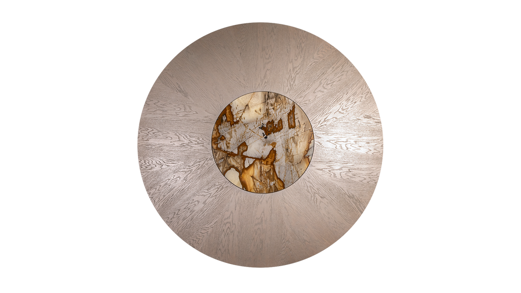 Vienna Round Table with light-colored finish and decorative stone inlay center