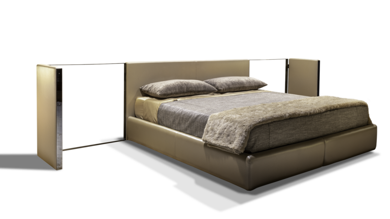Beige upholstered Venice Bed with pillows and blanket for stylish bedroom decor